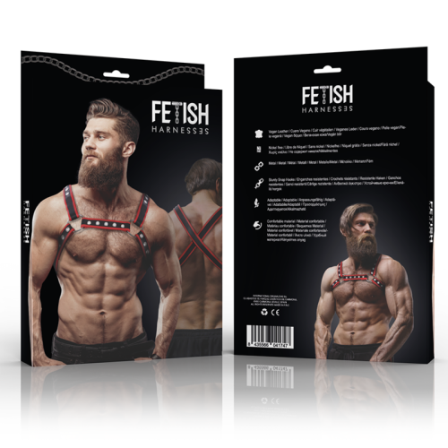 FETISH SUBMISSIVE ATTITUDE – PEITORAL DE COURO ECOLÓGICO MASCULINO BULLDOG ARNÊS PRETO/VERMELHO