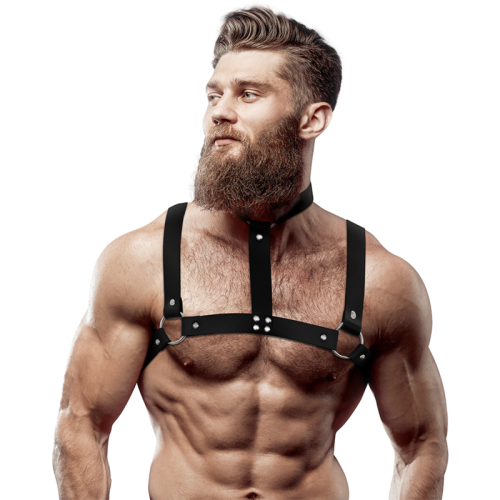 FETISH SUBMISSIVE ATTITUDE – ARNÊS DE PEITO AJUSTVEL DE COURO ECOLÓGICO COM COLAR PARA HOMENS