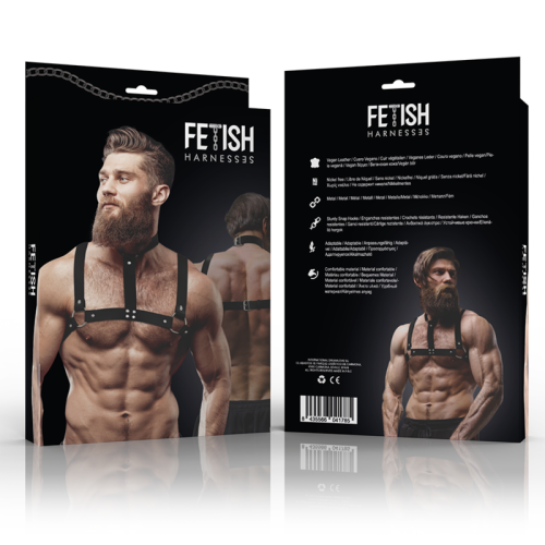 FETISH SUBMISSIVE ATTITUDE – ARNÊS DE PEITO AJUSTVEL DE COURO ECOLÓGICO COM COLAR PARA HOMENS