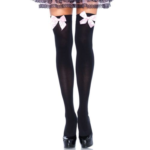 LEG AVENUE – COXAS EM NYLON PRETO COM LAO ROSA TAMANHO ÚNICO