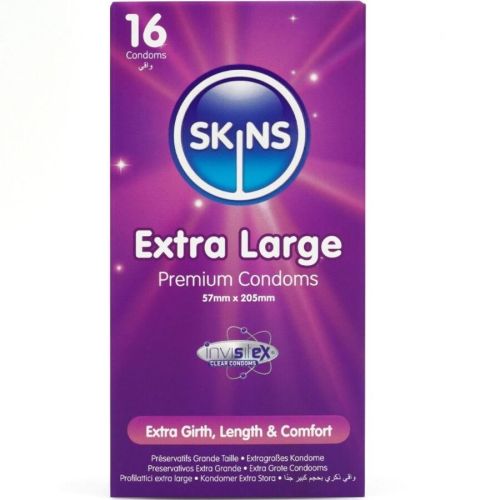 SKINS – PRESERVATIVOS EXTRA GRANDE PREMIUM PACOTE COM 16