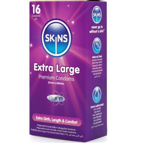 SKINS – PRESERVATIVOS EXTRA GRANDE PREMIUM PACOTE COM 16