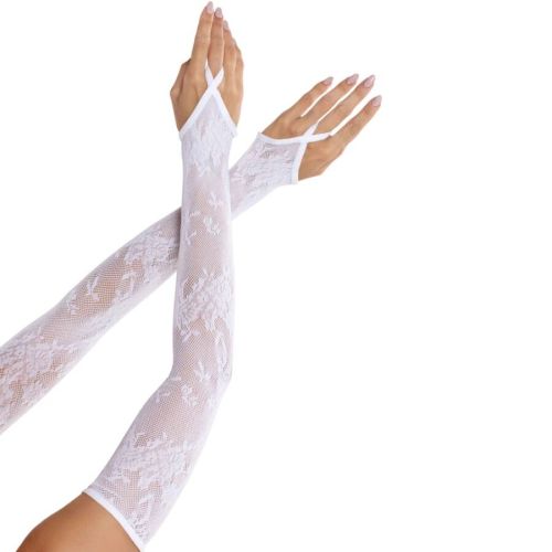 LEG AVENUE – LUVAS EXTRA LONGAS COM RENDA FLORAL E AQUECEDOR DE BRAÇOS BRANCAS